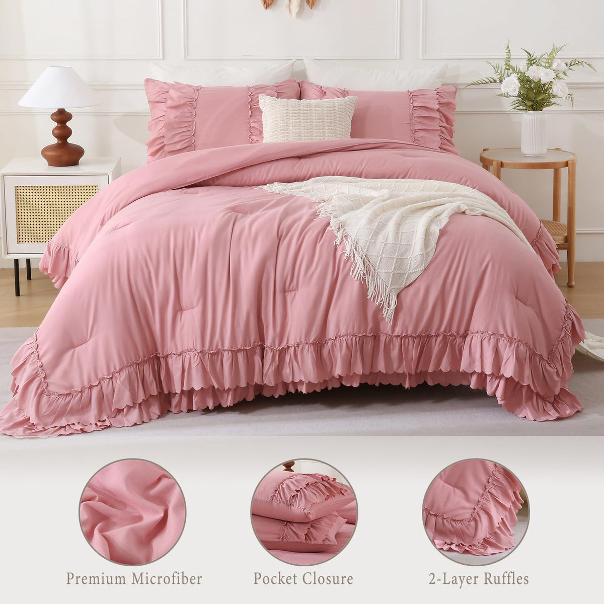 Bean Pink Ruffled Comforter Set Queen Size, 3-Piece Soft Microfiber Shabby Chic Bedding Set with Double Layer Ruffle