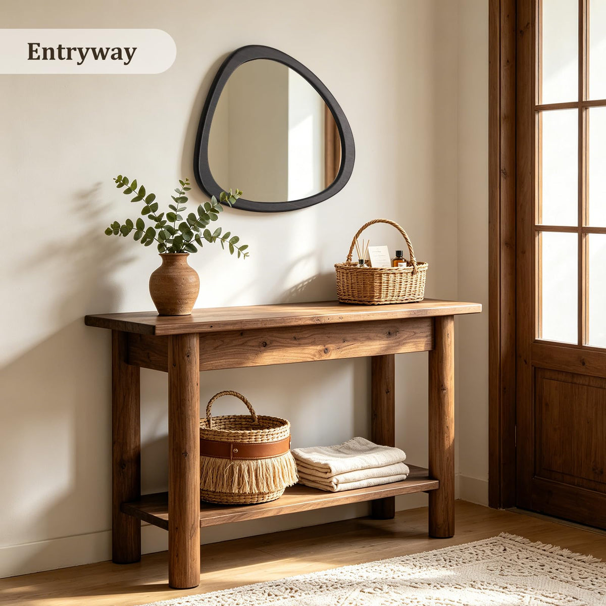 23 x 19 Asymmetrical Mirror, Irregular Wooden Wall Mirror - Mid-Century Modern Decorative Mirror, Solid Wood Frame