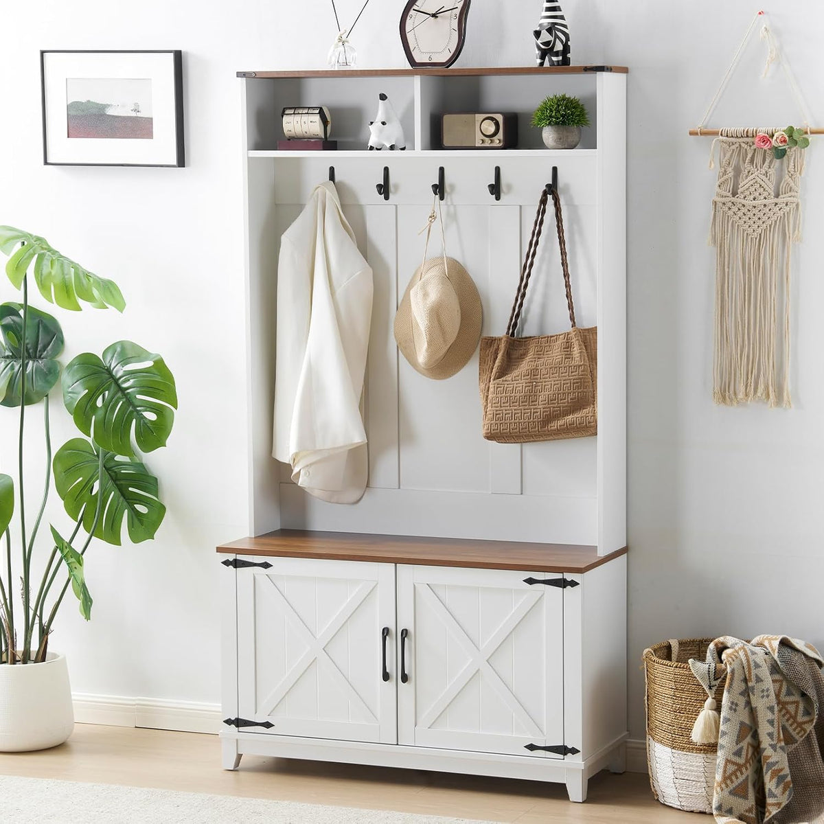 38" Farmhouse Hall Tree with Bench and Shoe Storage, Entryway Bench with Coat Rack, 2 Open Compartments, 5 Coat