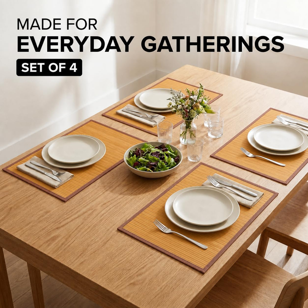 Bamboo Placemats, Set of 4, Woven, 11.8x17.3 Inches, Yellow