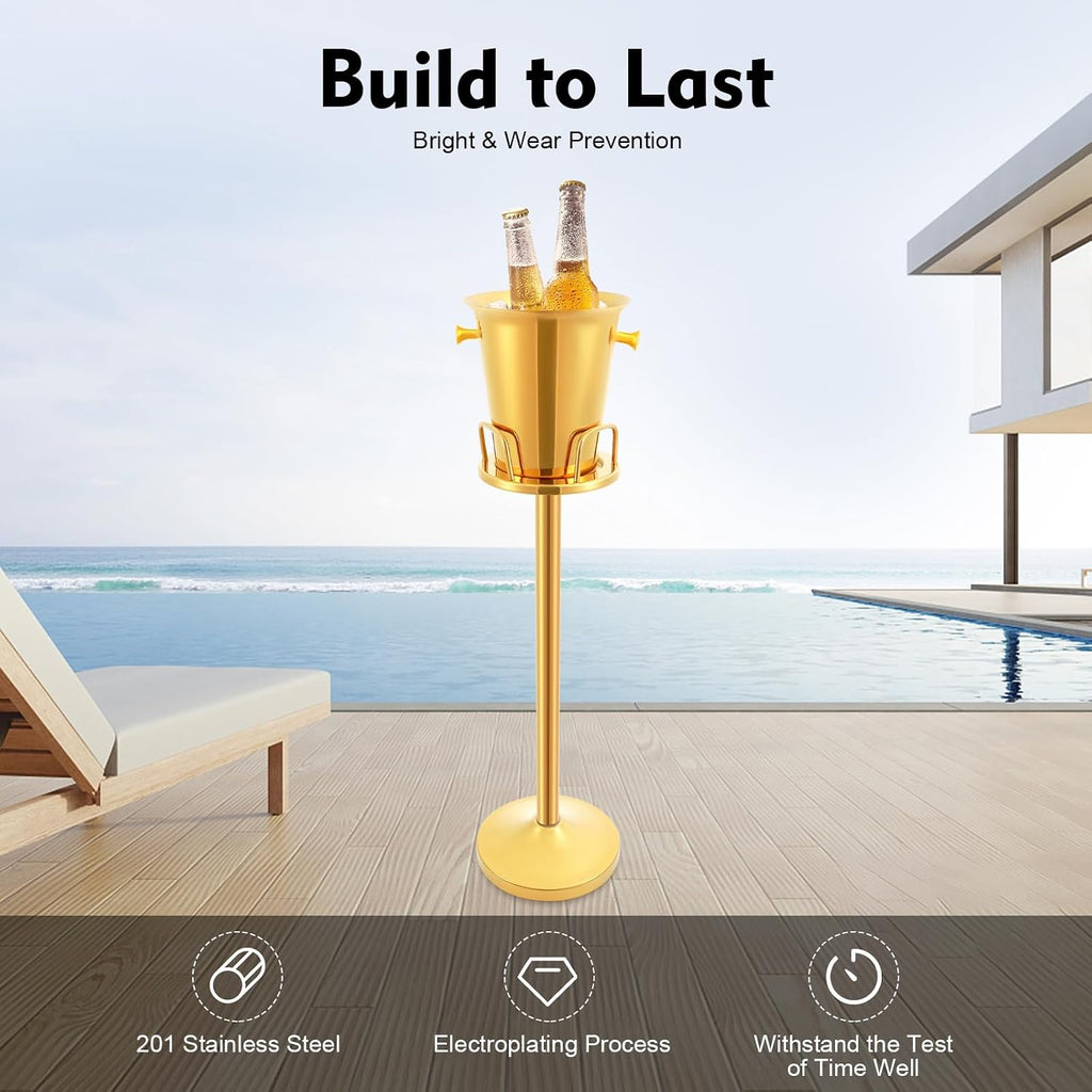 Champagne Bucket with Stand, Gold Ice Bucket Floor Standing Bar Stand Wine Cooler Gold w/stand Stainless Steel Ice
