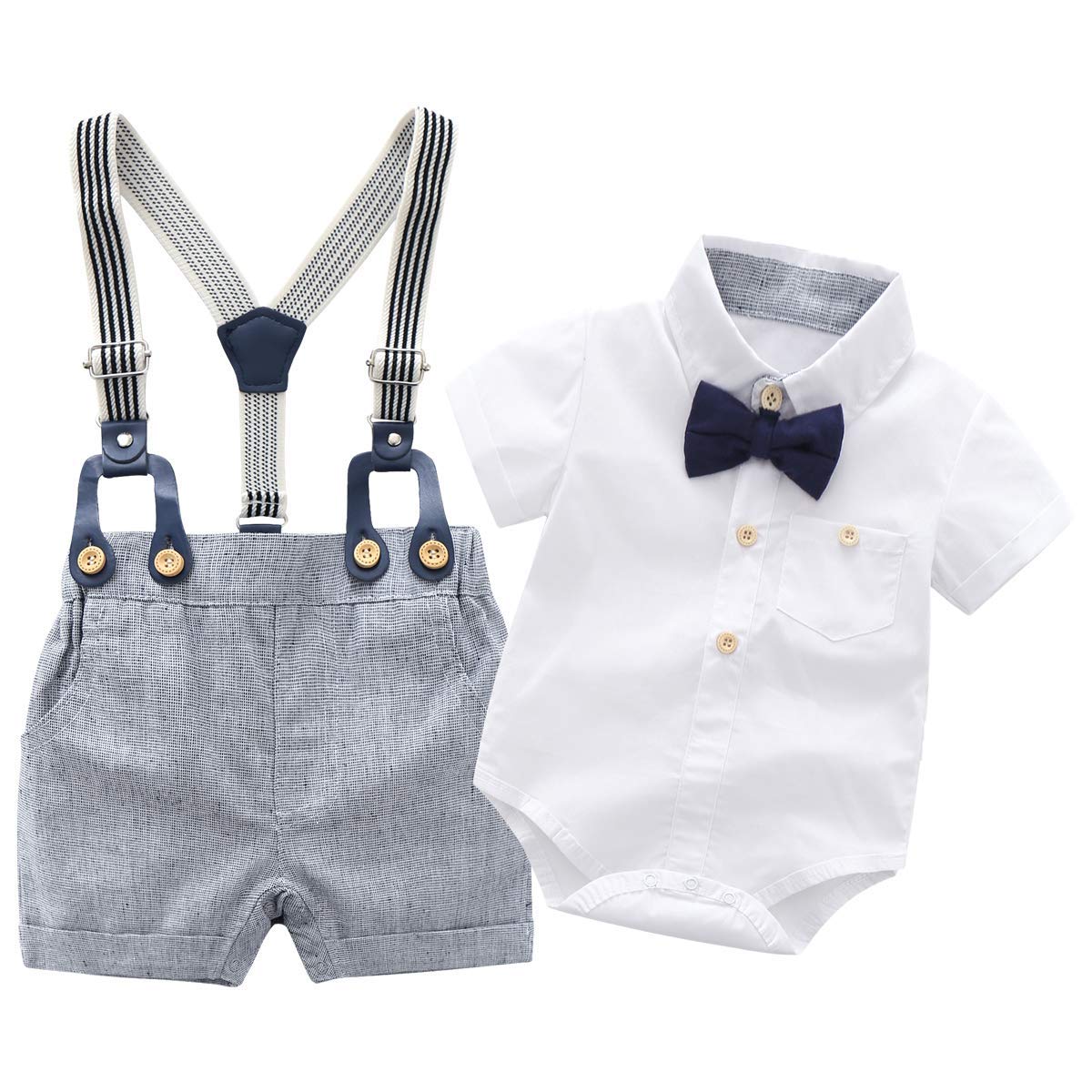 Newborn Baby Boys Gentleman Outfits Suits, Infant Short Sleeve Shirt+Shorts+Bow Tie+Suspenders