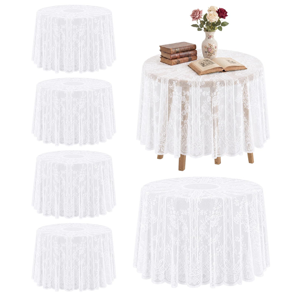 6 Pcs White 6 Pack Round Lace Tablecloth 90 Inch