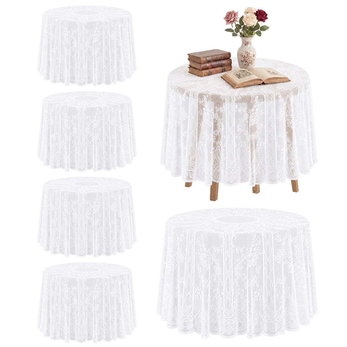 6 Pcs White 6 Pack Round Lace Tablecloth 90 Inch