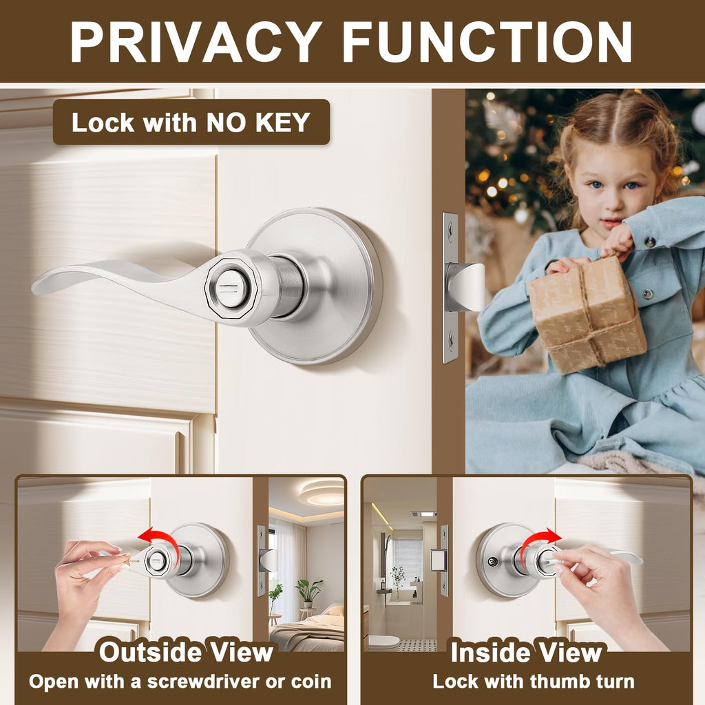 6 Pack Privacy Door Handle Brushed Nickel, Keyless Bedroom Interior Door Handles with Lock Modern Door Handles Wave