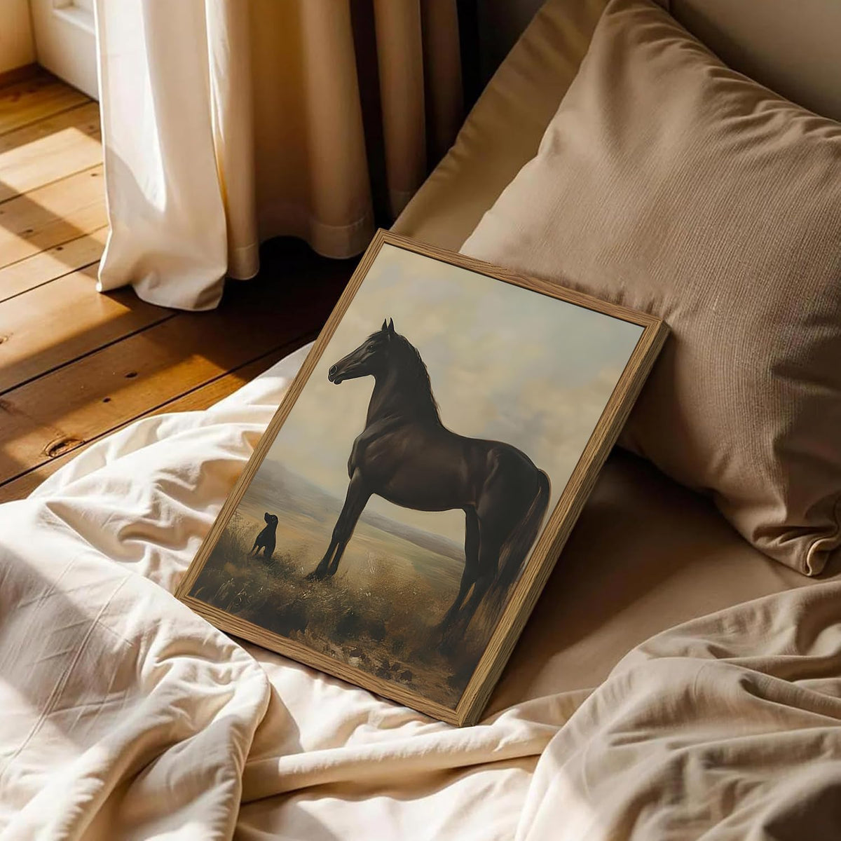 Vintage Black Horse Wall Art Cottagecore Horse and Dog Wall Decor Painting, Moody Rustic Animal Poster Canvas Print