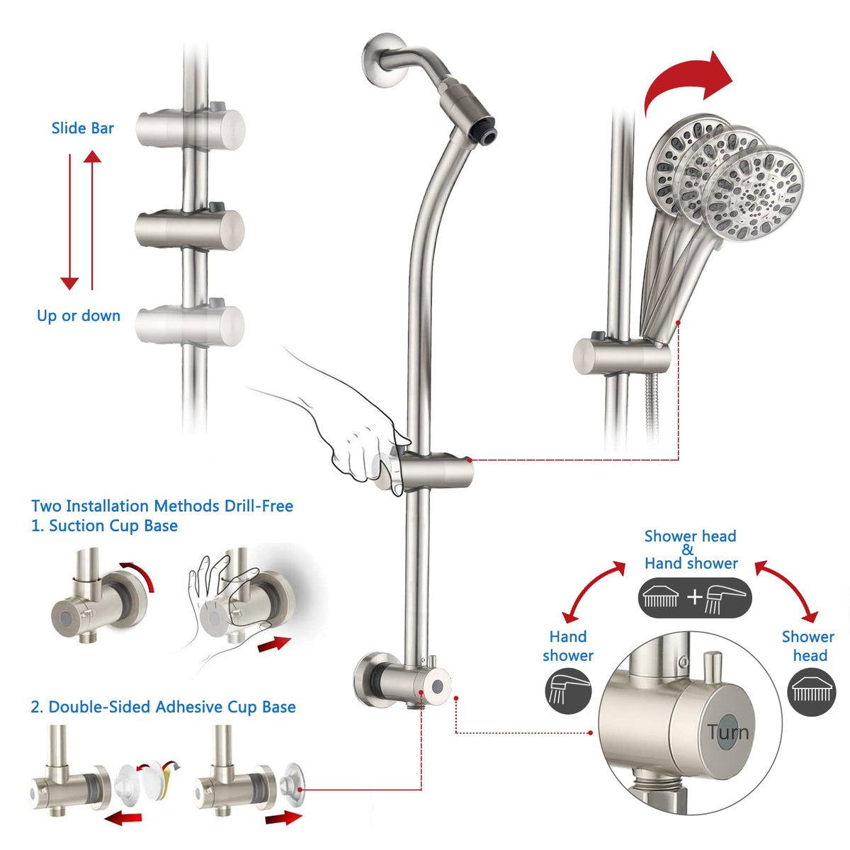 Rainfall 8 Inch Round Shower Head with High Pressure Handheld Spray Combo, Drill-Free Slide Bar with Adjustable