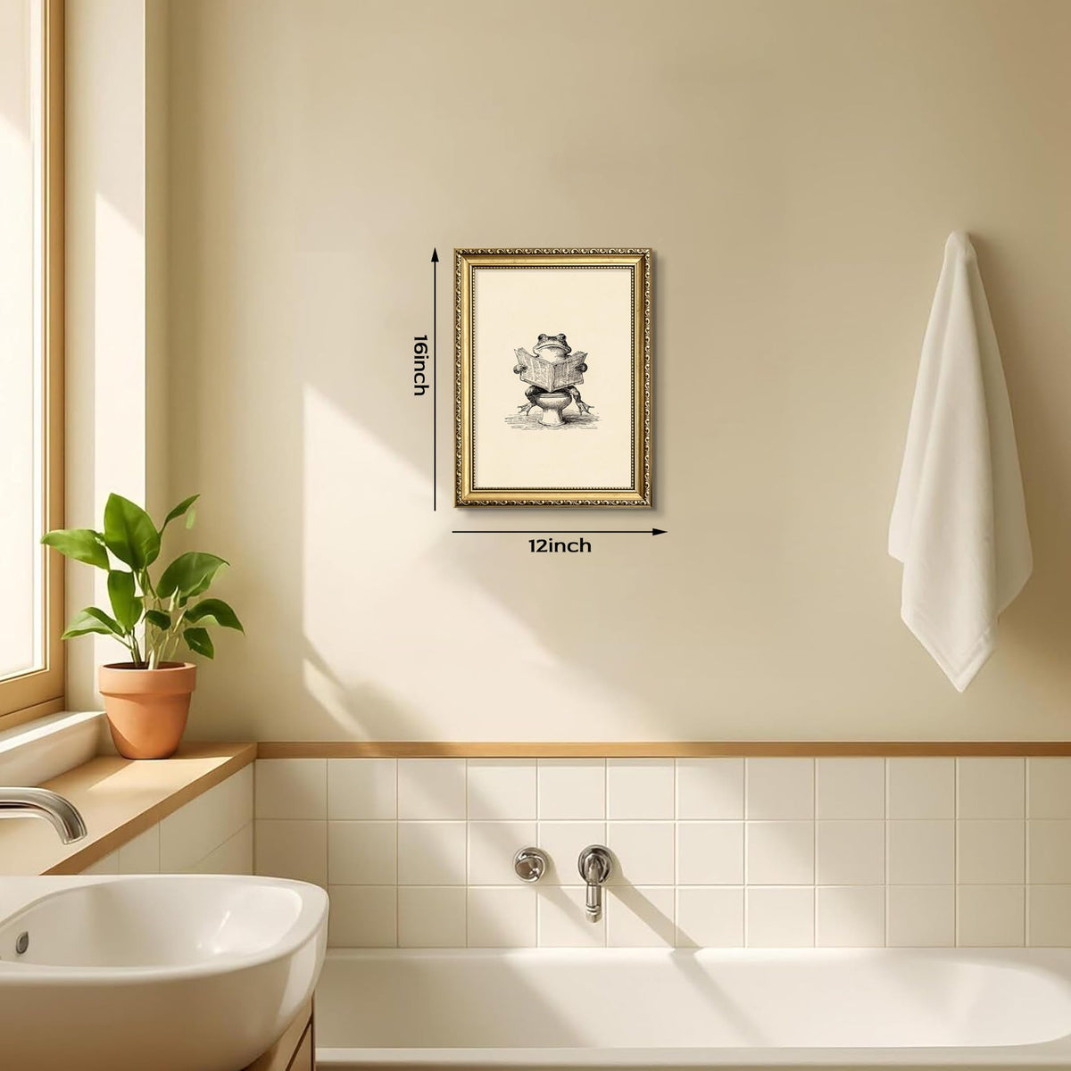 Vintage Gold Framed Frog Wall Art, Funny Bathroom Animal Artwork 12x16 Inch