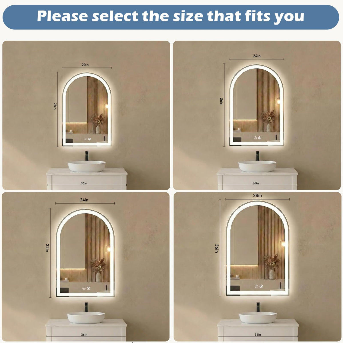 20"x28" LED Bathroom Mirror with Lights, Arched Vanity Mirror
