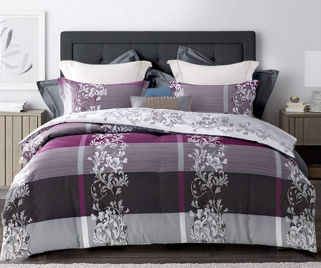 Comforter Twin Size, 600 Thread Count Cotton Grey Paisley & Purple Comforter Sets, Down Alternative Bedding Set
