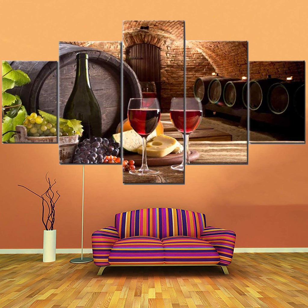 Wine Wall Art Decor Dining Room Grapes Fruit Canvas Wine Bottle Pictures 5 Piece Paintings Modern Artwork Decorations