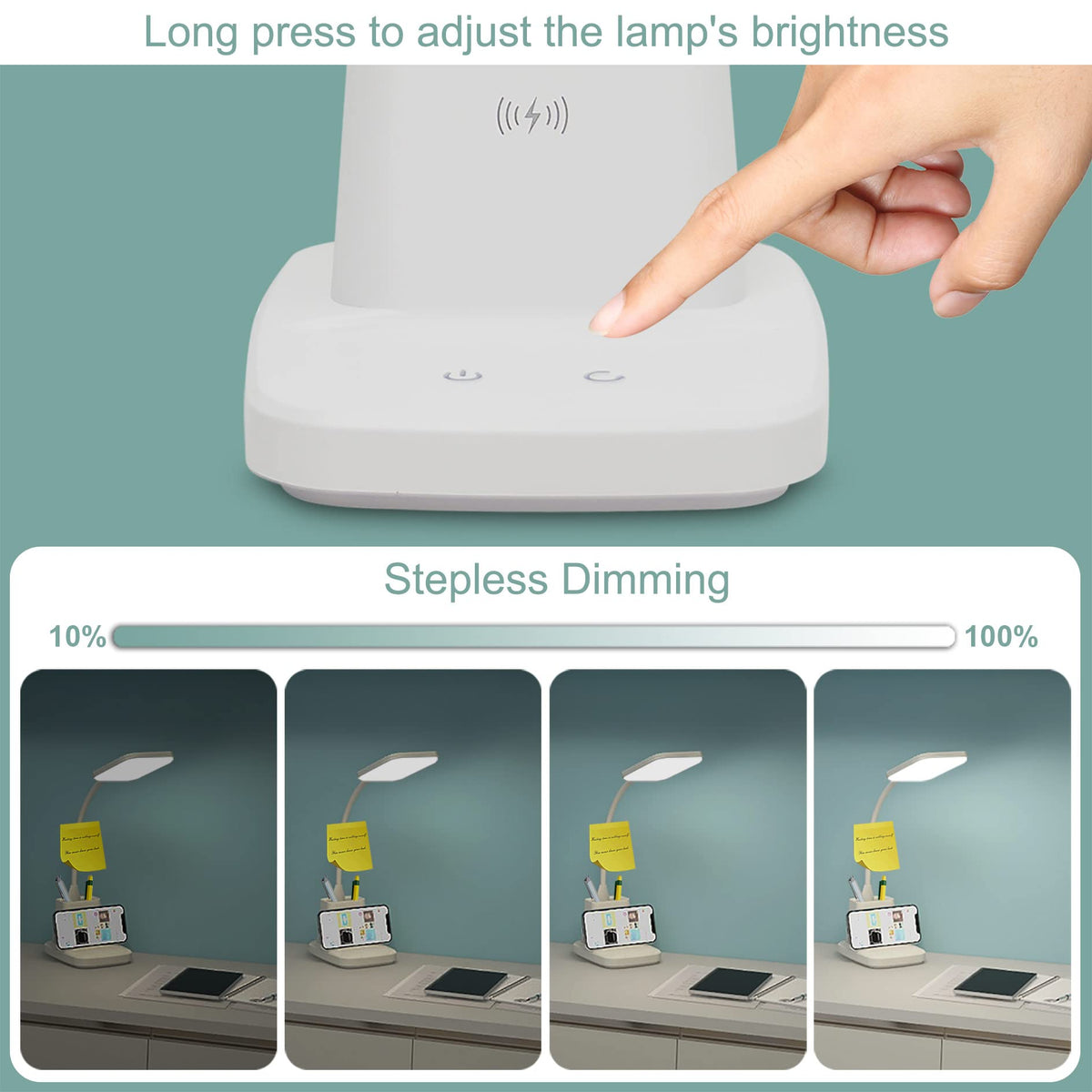 Upgraded 10W Wireless Charging LED Desk Lamp with Pen Holder, White