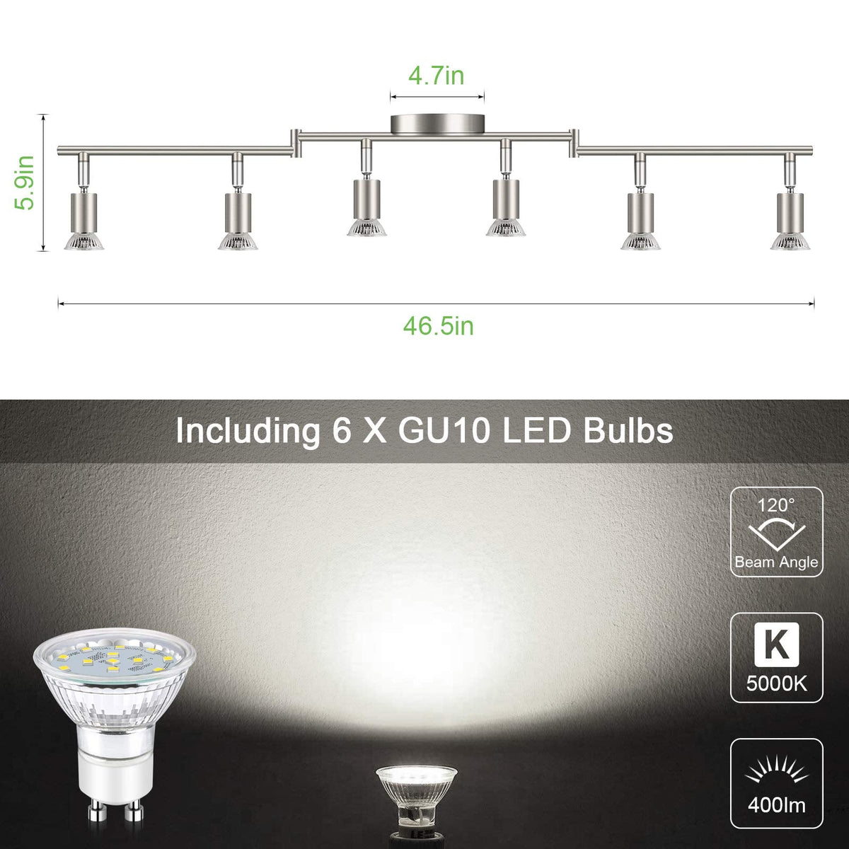 LED 6 Light Track Lighting Kit, 46.5'' Matt Nickel 6 Way Ceiling Spot Lighting, Flexibly Rotatable Head, Modern Track
