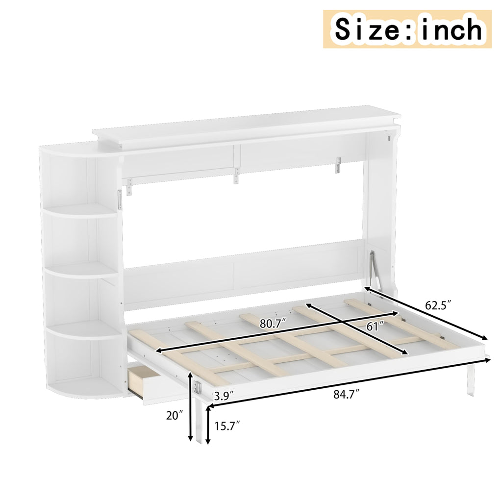 Queen Size Horizontal Cabinet Murphy Bed with Side Cabinets, White