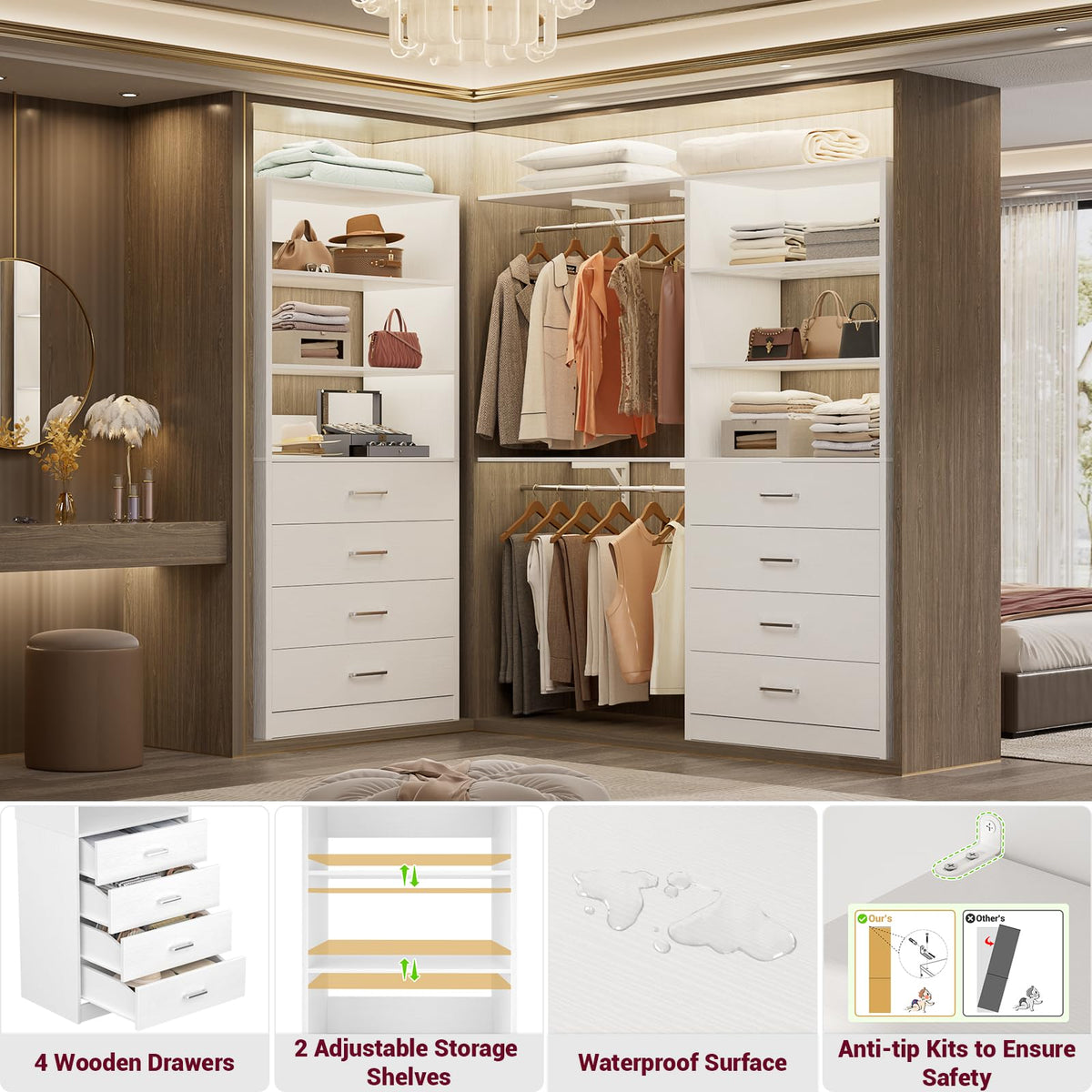 Closet Drawers Organizer System, 3.54FT Wood Closet System with 4 Drawers, Modular Walk-in Closets Storage Unit, Tall