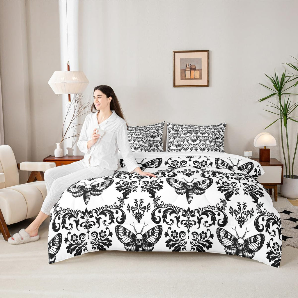 Gothic Bed in A Bag 7 Piece Black White Moth Goth Queen Comforter Set with Sheets Vintage Damask Boho Bedding Sets
