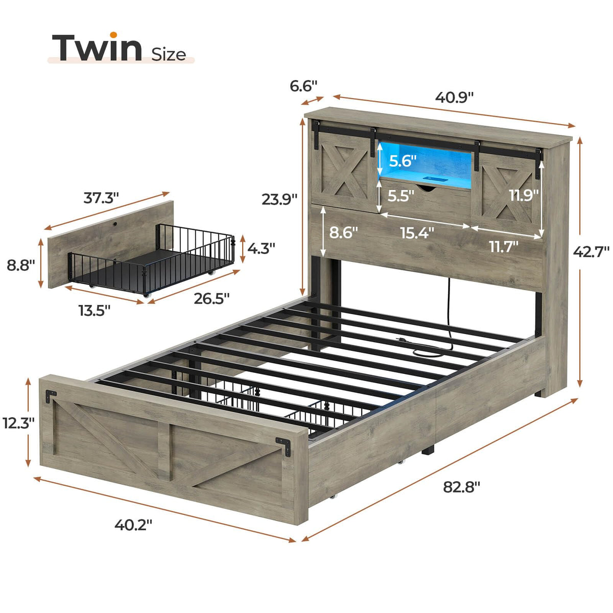 Farmhouse Bed Frame with 2 Storage Drawers, Wooden Platform Bed with LED Lights and Charging Station