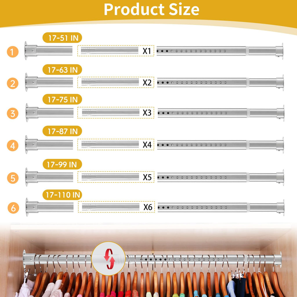 Silver Closet Rod,17 to 110 Inch,1.3 Inch Closet Rods for Hanging Clothes