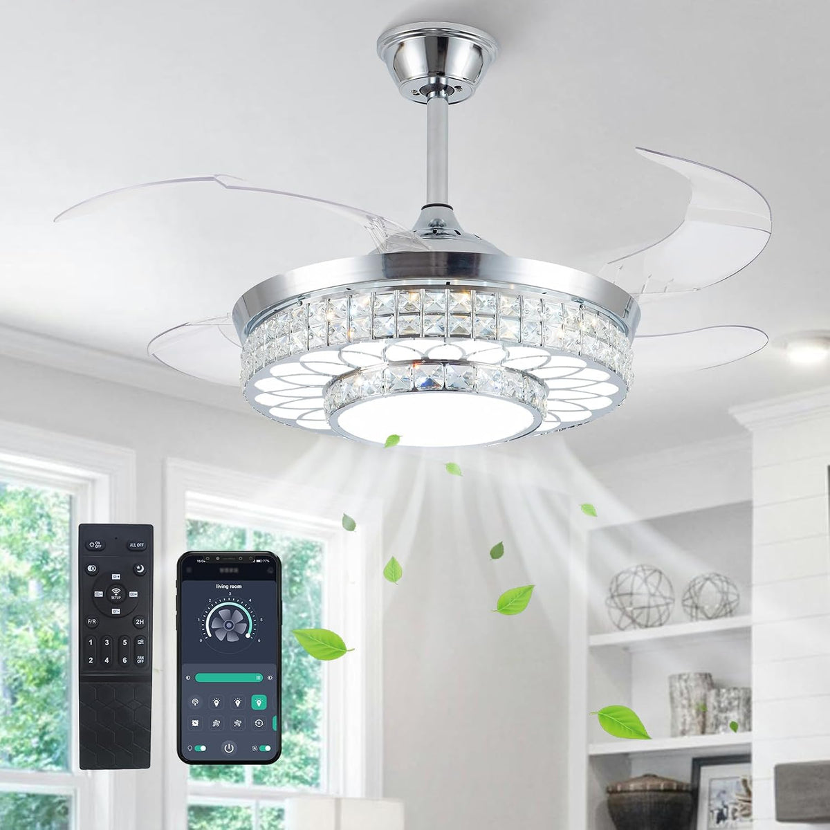 42" Retractable Ceiling Fans with Lights, Crystal Chandelier Ceiling Fan with Remote & APP Control, Modern Dimmable