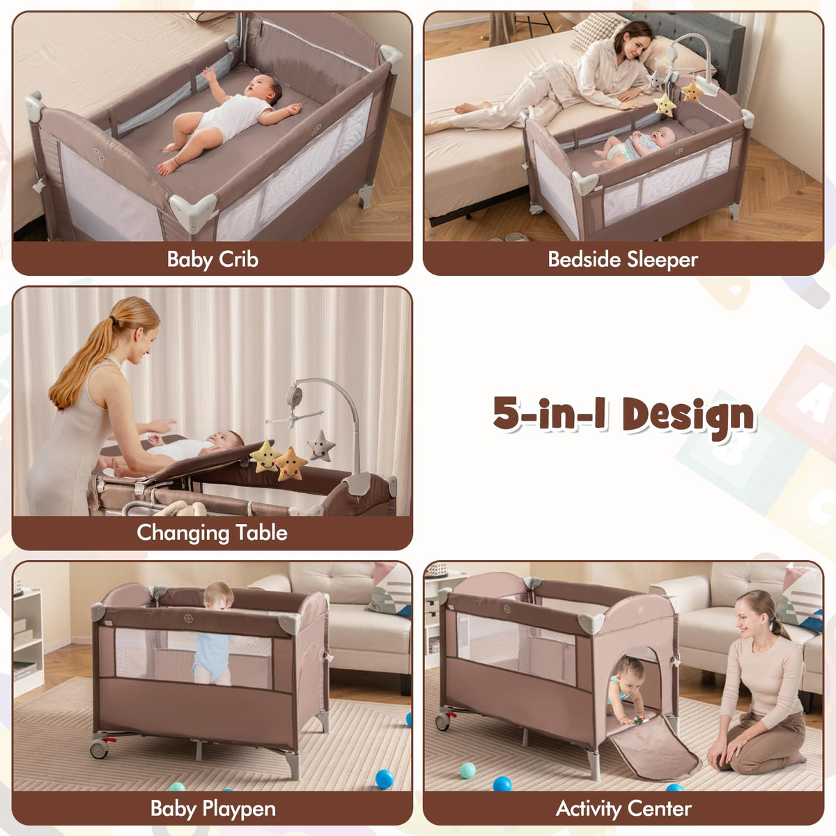 Play Yard with Bassinet, 5-in-1 Baby Bedside Sleeper w/Diaper Changing Table & Storage Bag, Toy Arch & Music Box