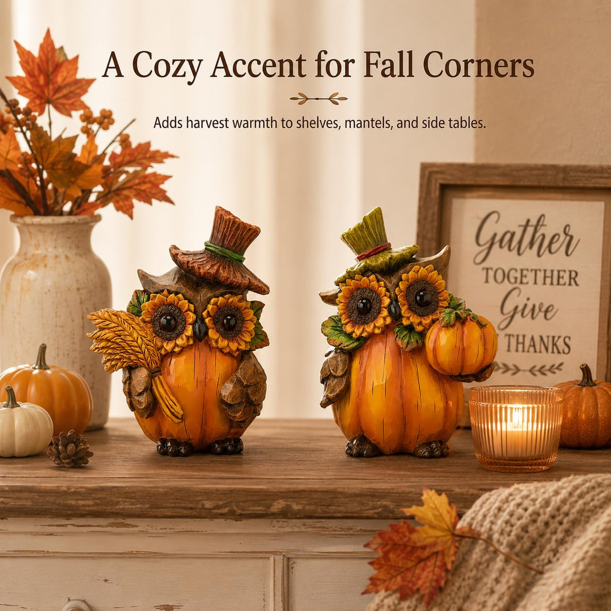 Fall Thanksgiving Pumpkin Figurines, Owl Harvest Decor