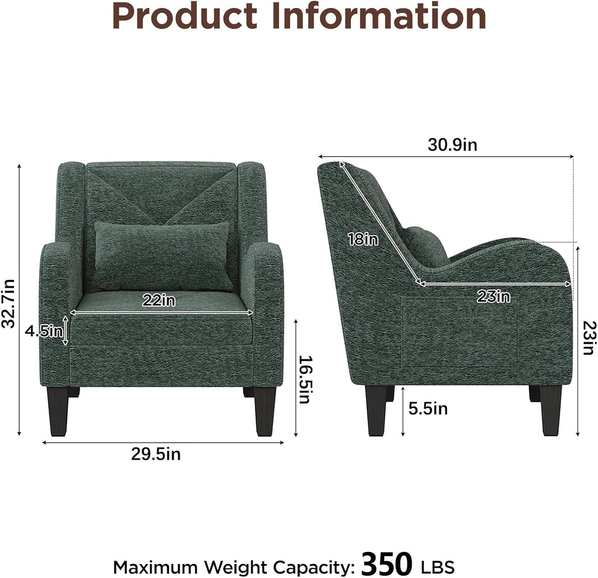 Chenille Accent Chair Bedroom Chair Comfy Reading Chair Upholstered Arm Chair, Single Sofa Chair with Lumbar Pillow