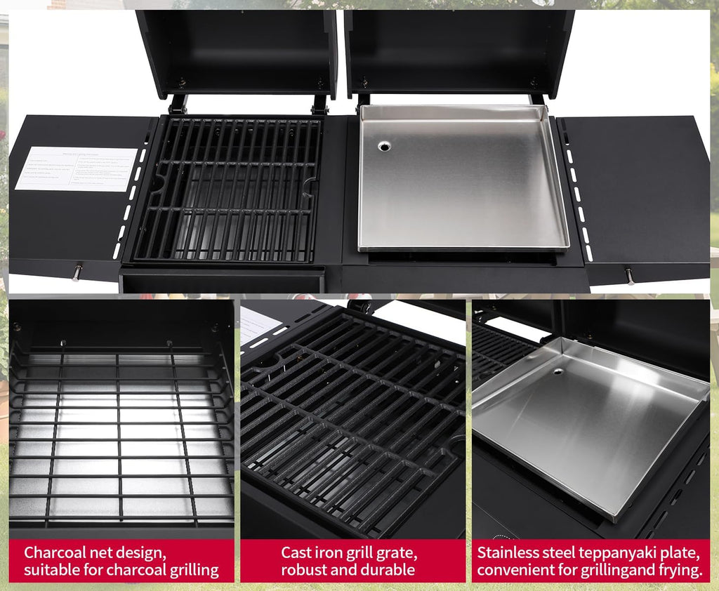 2-Burner Propane and Charcoal Grill Combo with Cast Iron Grates and Stainless Steel Flat Top Griddle for Outdoor BBQ
