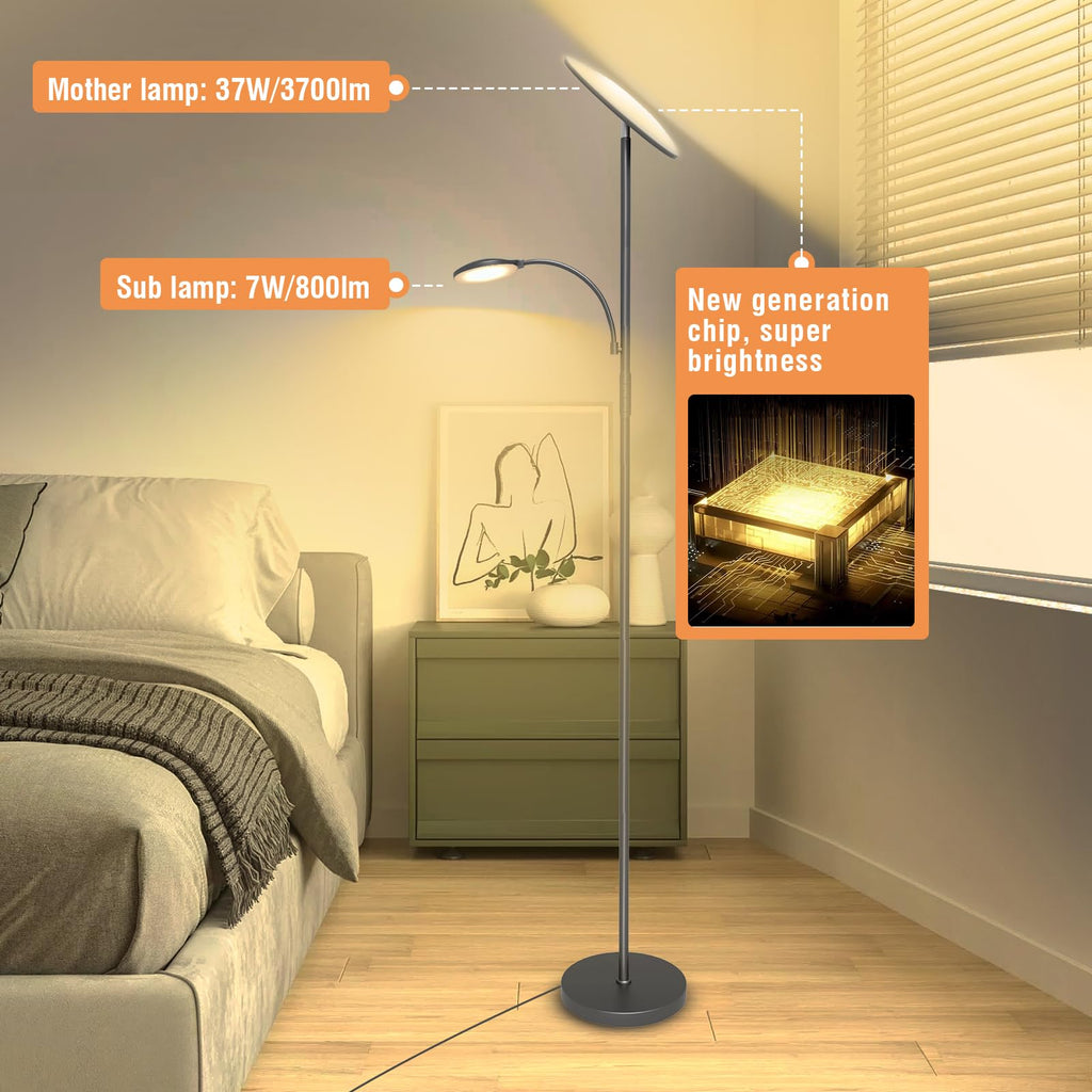 Gray Floor Lamps, 44W/4500LM Super Bright 2 in 1 LED Floor Lamp with Remote, Stepless Dimmable, 69" Tall Standing