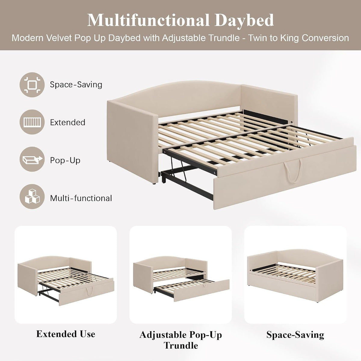 Twin Daybed with Trundle, Velvet Upholstered Day Bed with Pop Up Trundle & Soft Padded Backrest, Twin to King