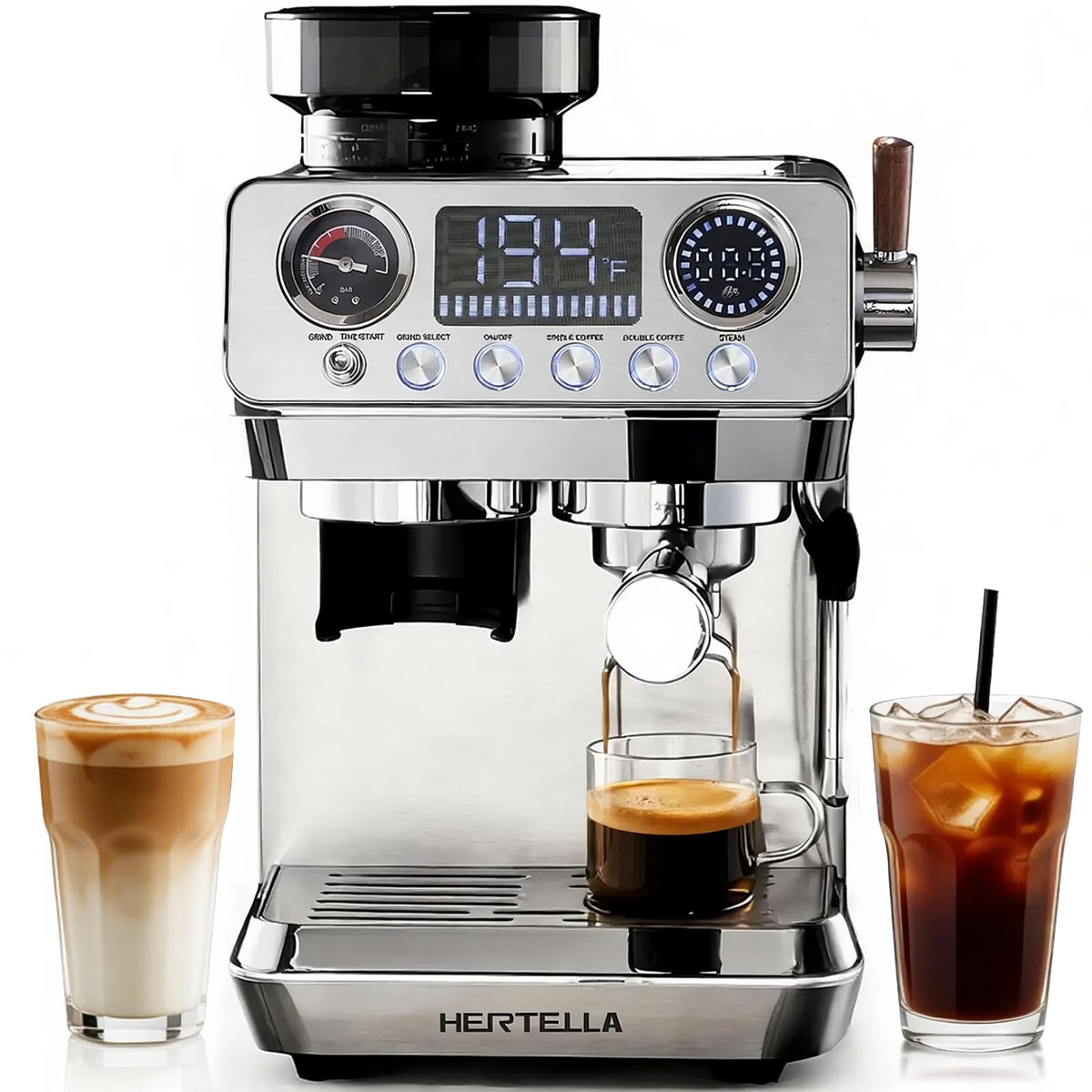 Espresso Machine with Burr Grinder, 20 Bar Visual Pressure Gauge, Milk Frother Steam Wand, Stainless Steel, 4