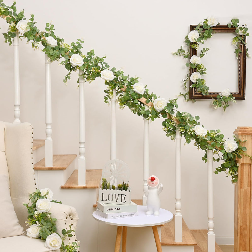 2Pcs 13Ft Artificial Eucalyptus Garlands with Flowers - 8 Roses, Faux Floral Greenery Garlands Fake Flowers Vines for