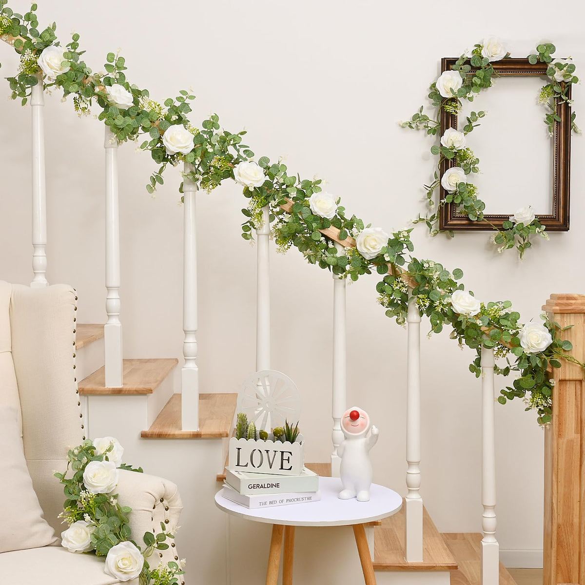 2Pcs 13Ft Artificial Eucalyptus Garlands with Flowers - 8 Roses, Faux Floral Greenery Garlands Fake Flowers Vines for