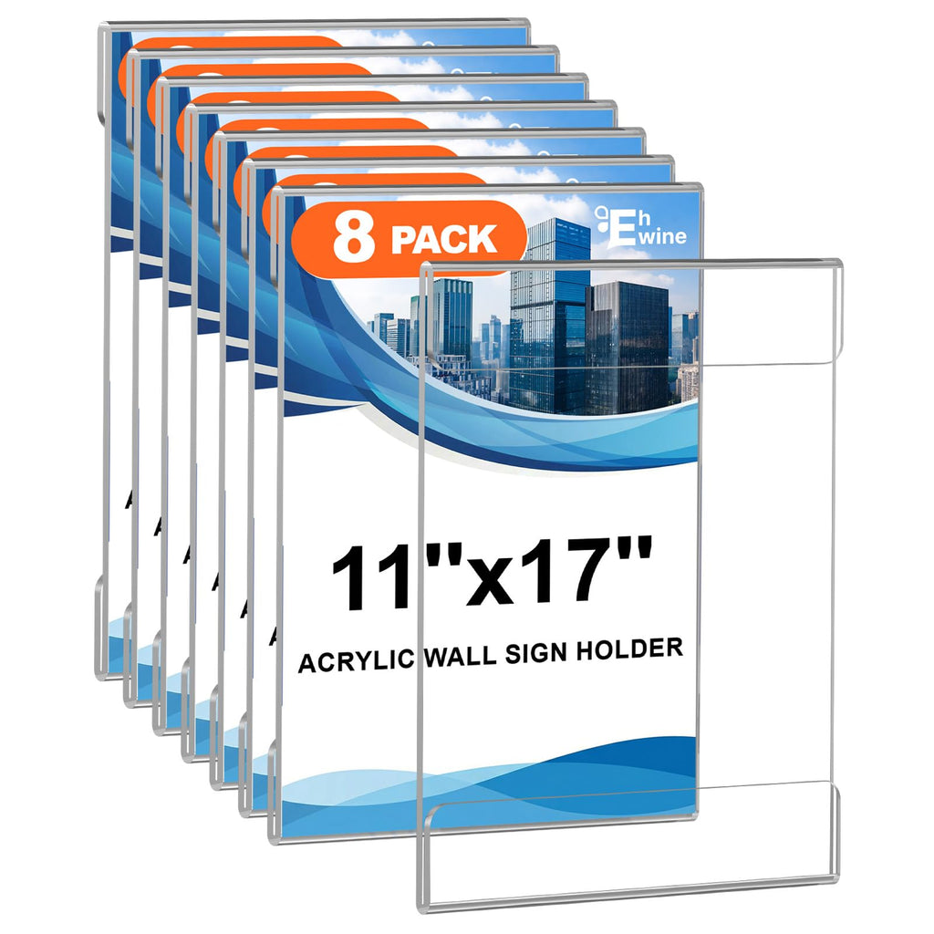 Acrylic Sign Holder 11 x 17 Wall Mount with Tape, 8 Pack Vertical