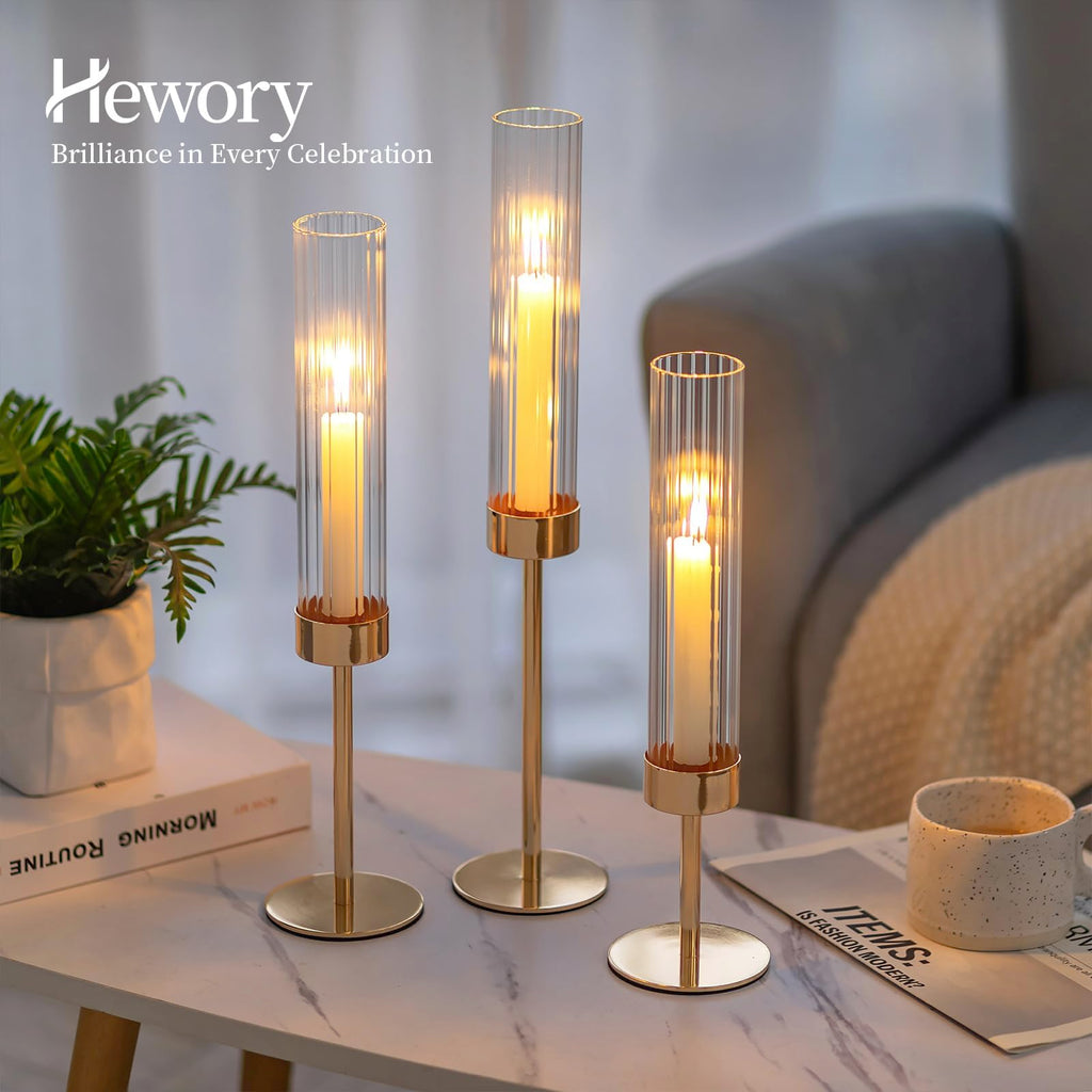 Gold Taper Candle Holders: Candlestick Holders Set of 3 Hurricane Glass Tall Candle Holder for Candlesticks Candle