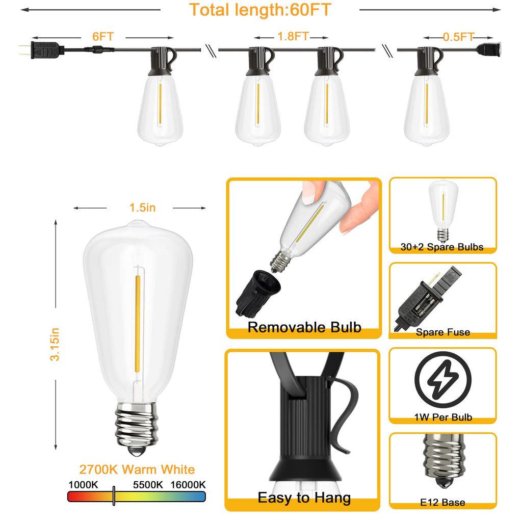 Outdoor String Lights 60 FT, Patio Light Waterproof 32 LED Bulbs