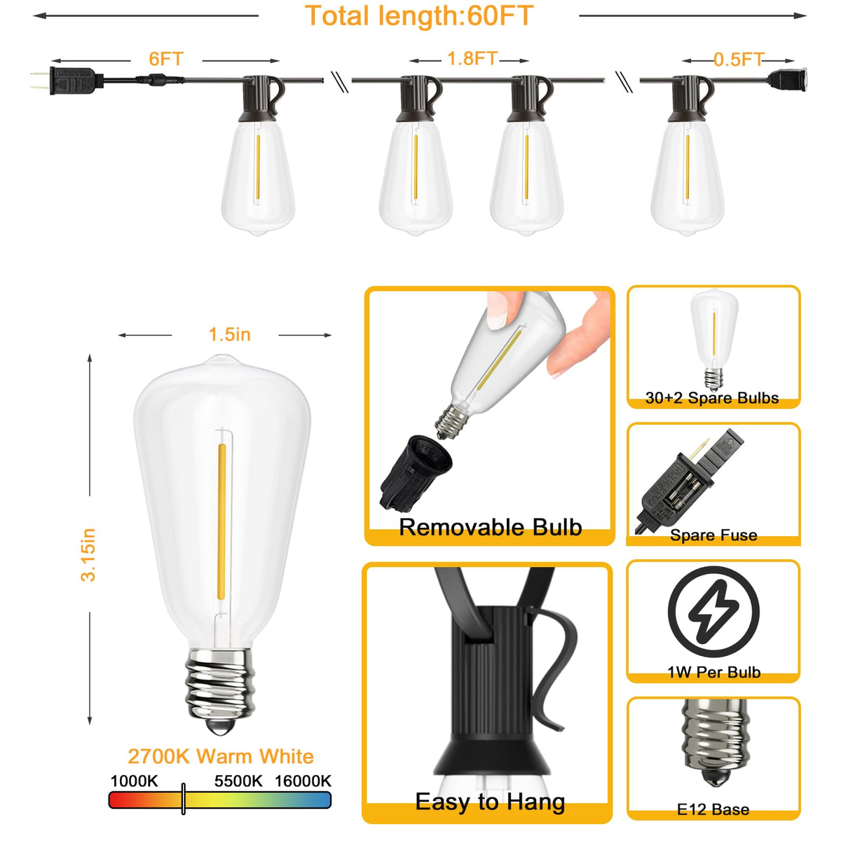 Outdoor String Lights 60 FT, Patio Light Waterproof 32 LED Bulbs