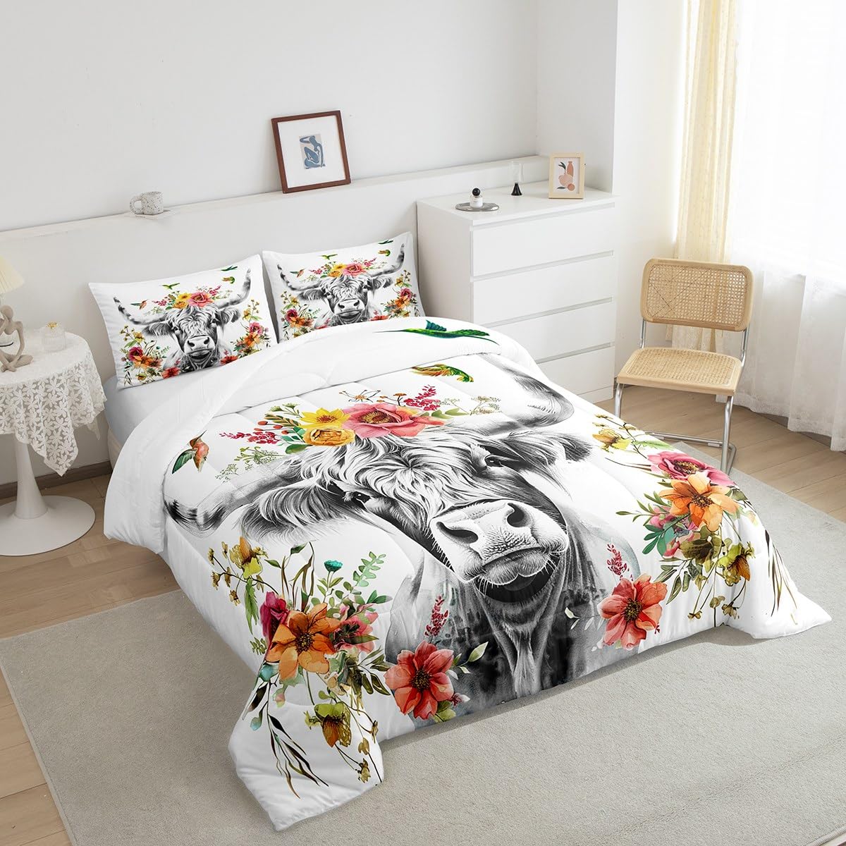 Highland Cow Floral Comforter Set Bull Cattle Flower Bedding Set Wildlife Farmhouse Cow Quilt Hummingbird