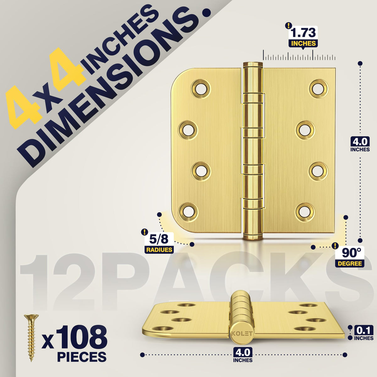 4 Inch Gold Ball Bearing Door Hinges Square and 5/8'' Radius 12 Pack
