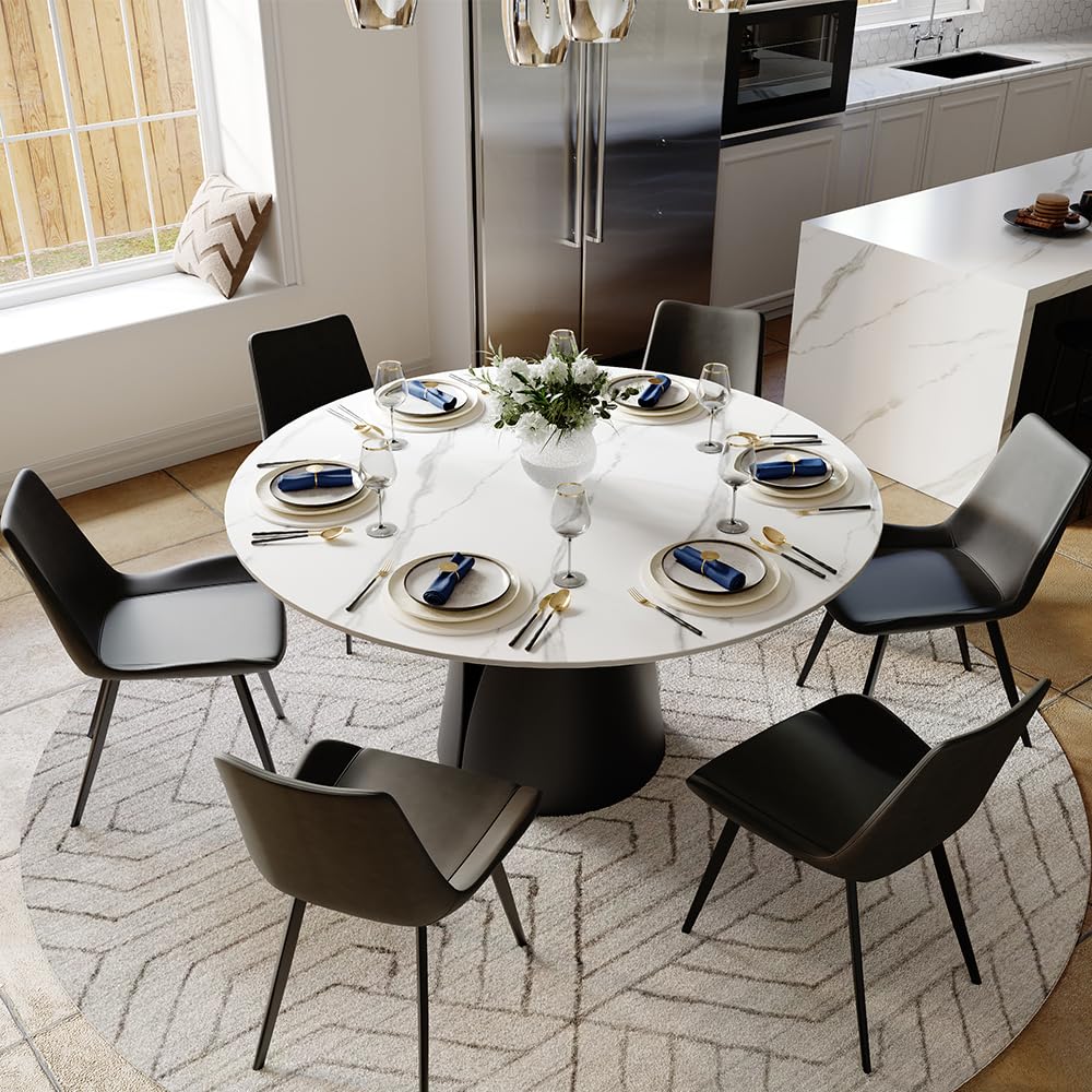 Inspired Saarinen Style 59" Modern Round Dining Table, Marble Round Dining Room Table for 6, Matte White Sintered Stone Tabletop with Black