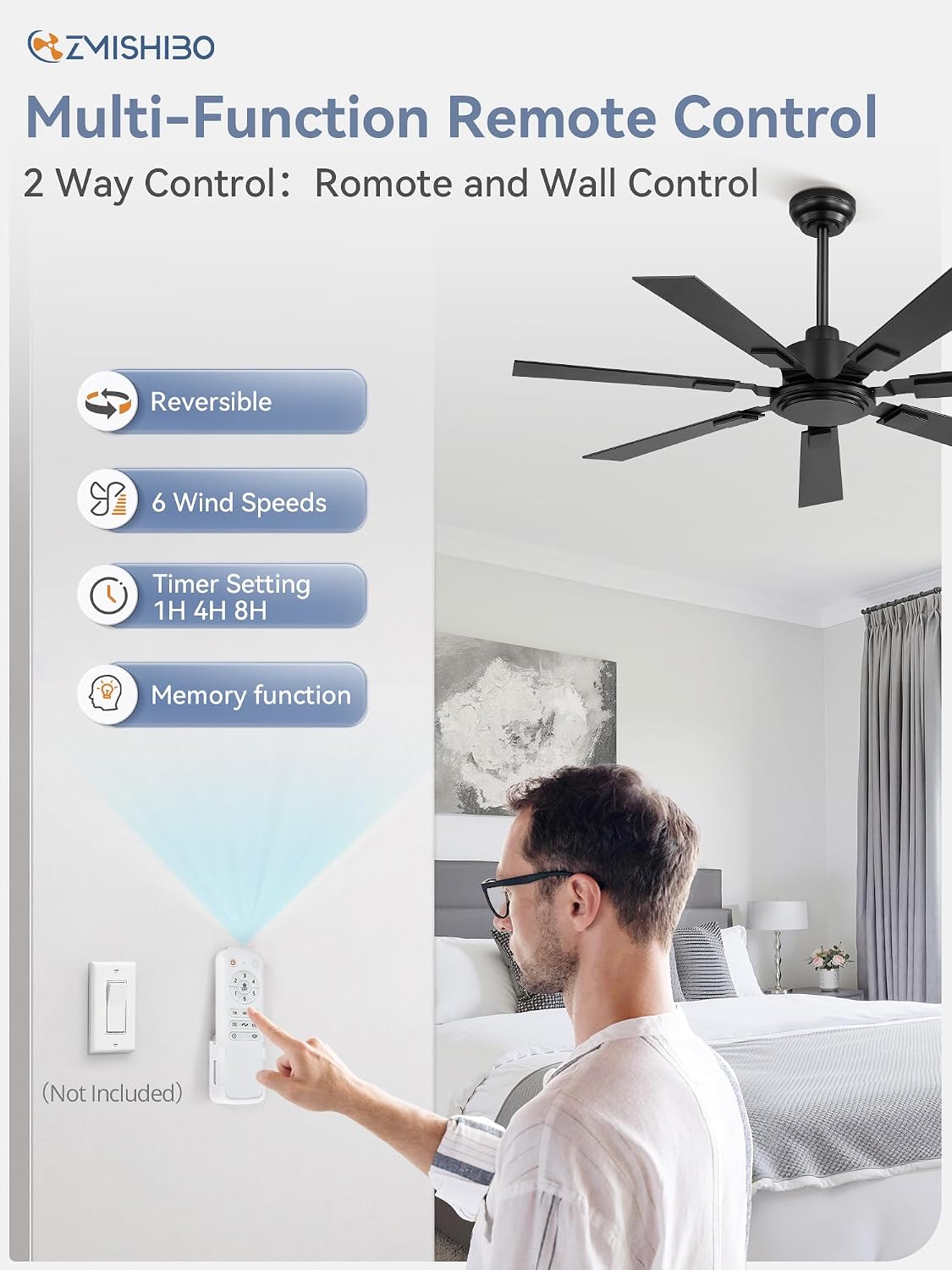 52" Black Ceiling Fan with Remote, No Light