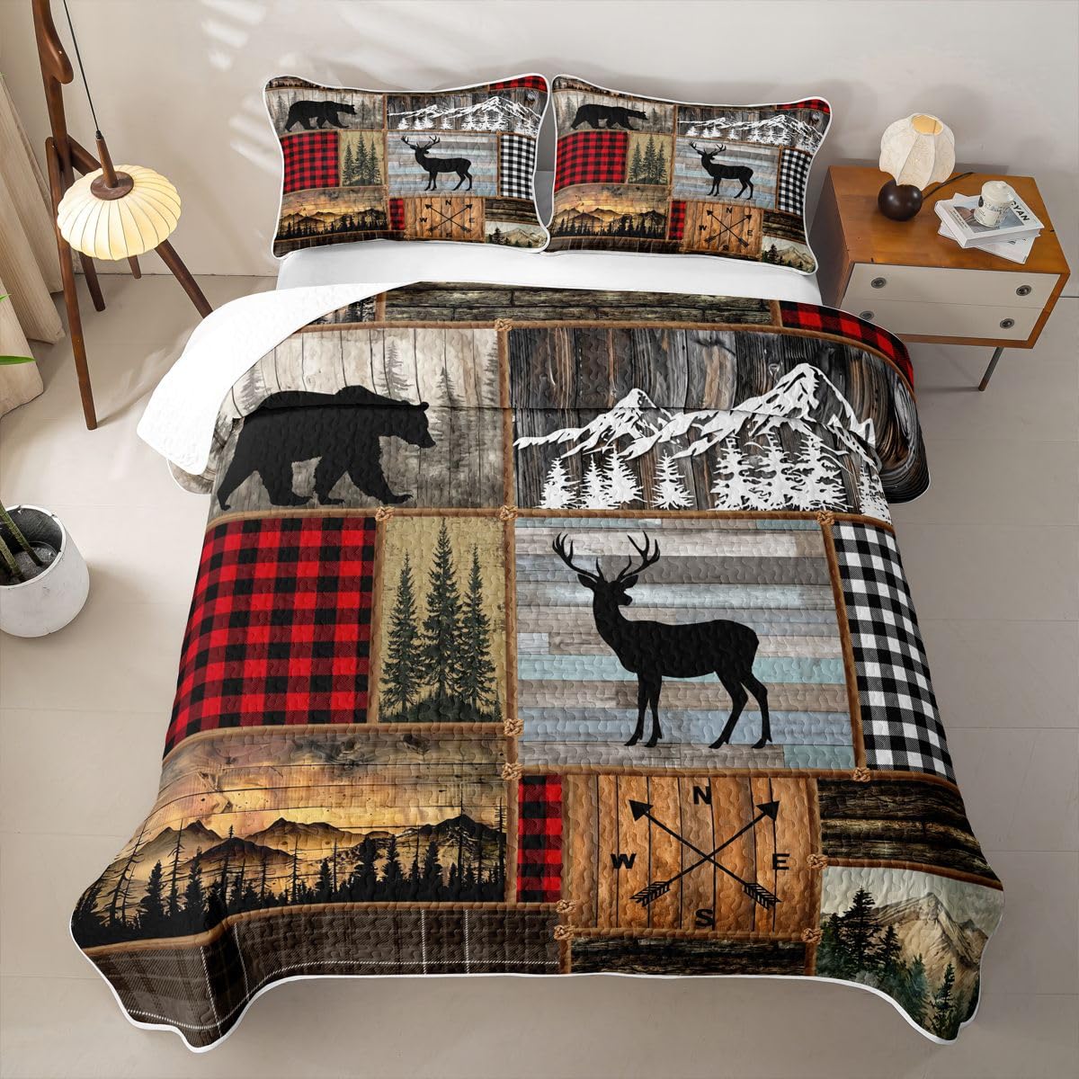 Vintage Rural Bear Deer Quilts for Bed Plaid Bedspreads Soft Bed Summer Lightweight Comforter Western Country