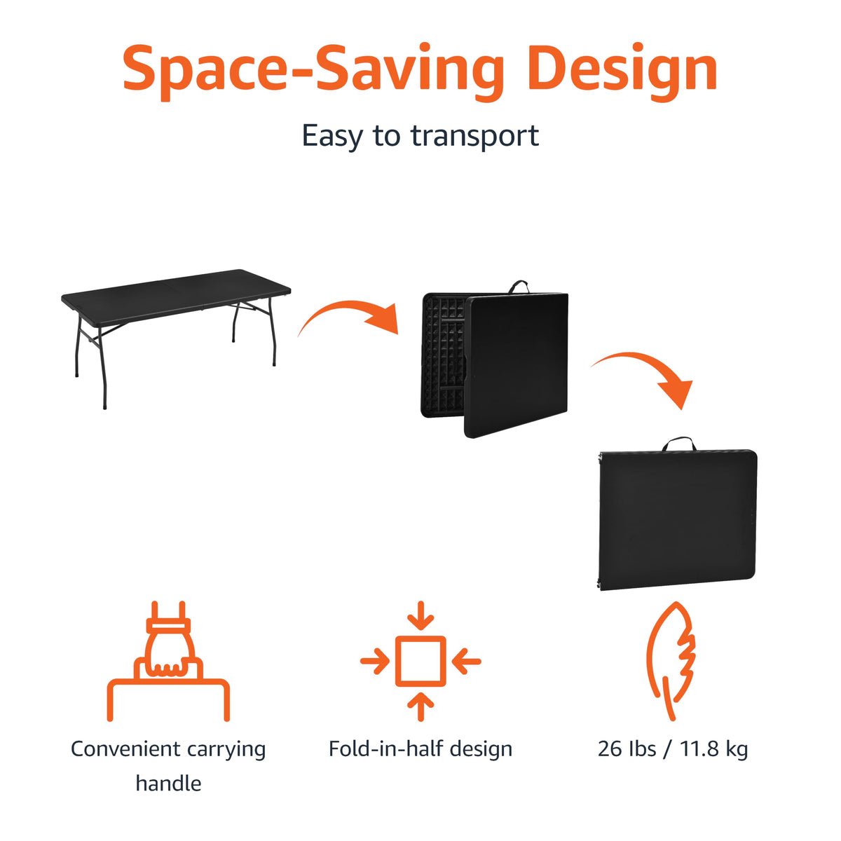 Heavy Duty Portable Folding Table, 6 ft, Indoor & Outdoor, Fold-in-Half Design with Carrying Handle, for Events, Easy