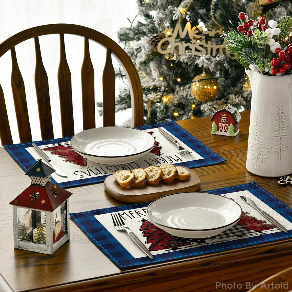 Blue Waterclor Buffalo Plaid Christmas Trees Placemats Set of 6, 12x18 Inch Winter Table Mats for Outdoor Home Party