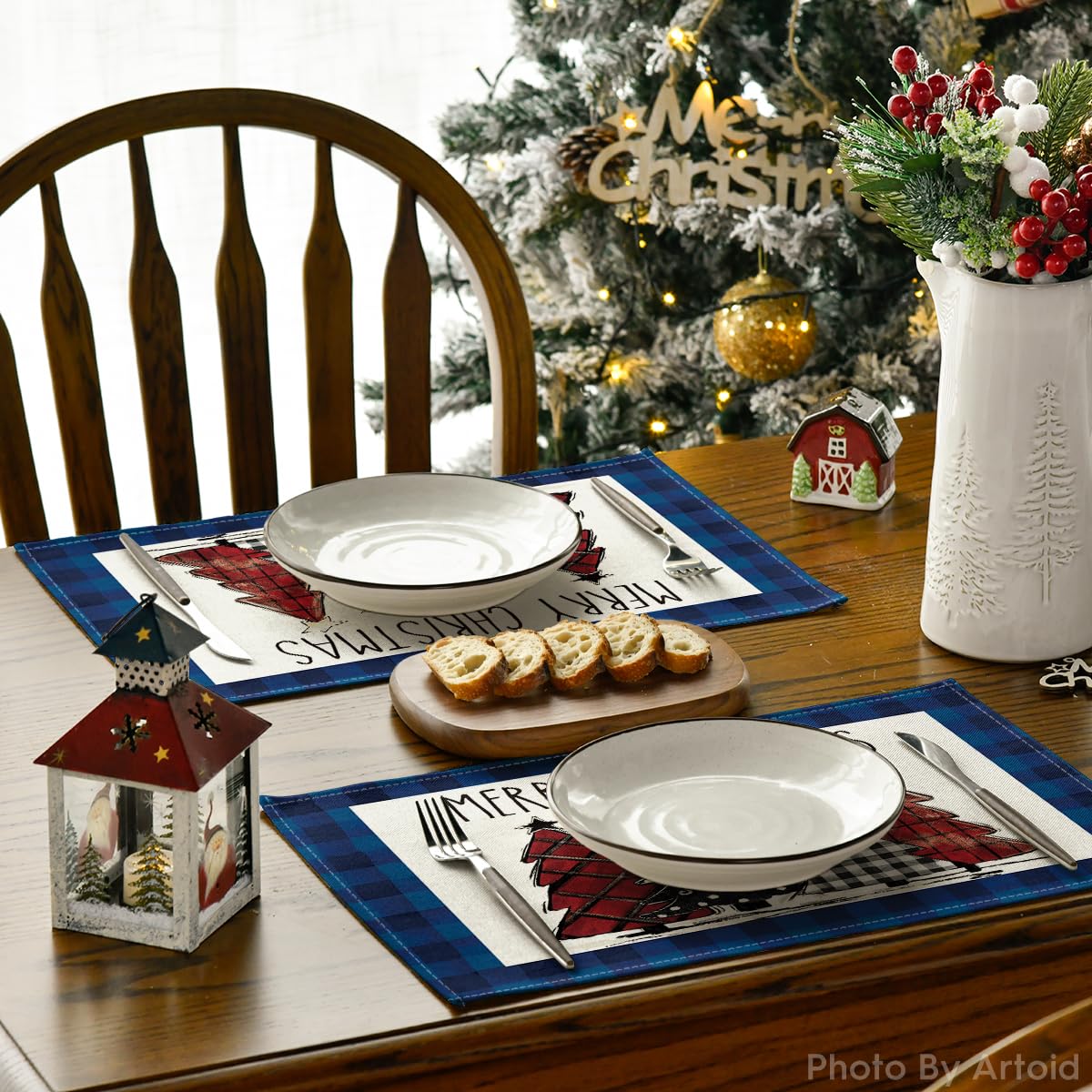 Blue Waterclor Buffalo Plaid Christmas Trees Placemats Set of 6, 12x18 Inch Winter Table Mats for Outdoor Home Party