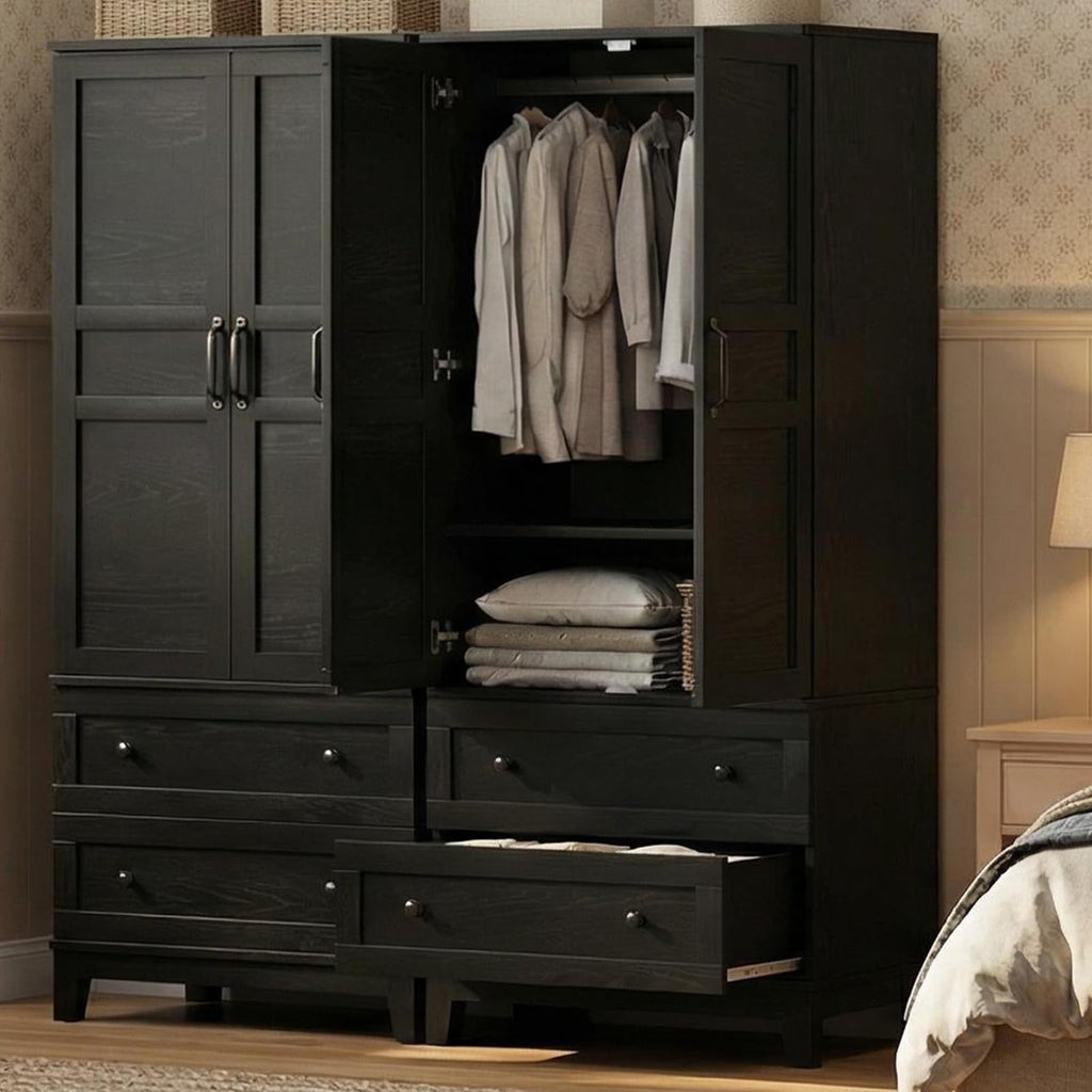Armoire Wardrobe Closet with 2 Drawers, 72" Tall Wooden Clothing Wardrobe with Hanging Rod & DIY Adjustable Shelf