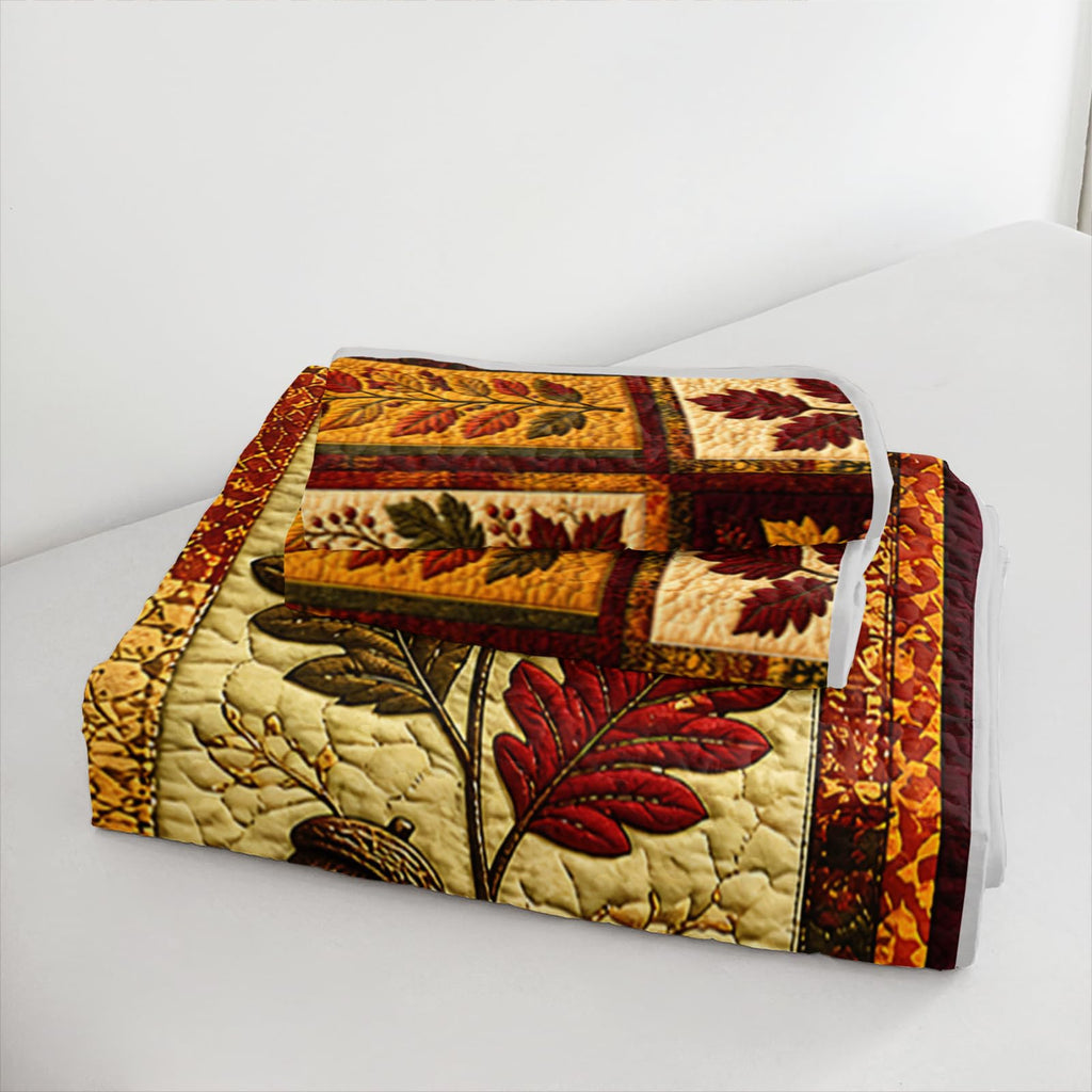 Fall Pumpkin Patchwork Quilt Set for Adults with 2 Pillowcases.