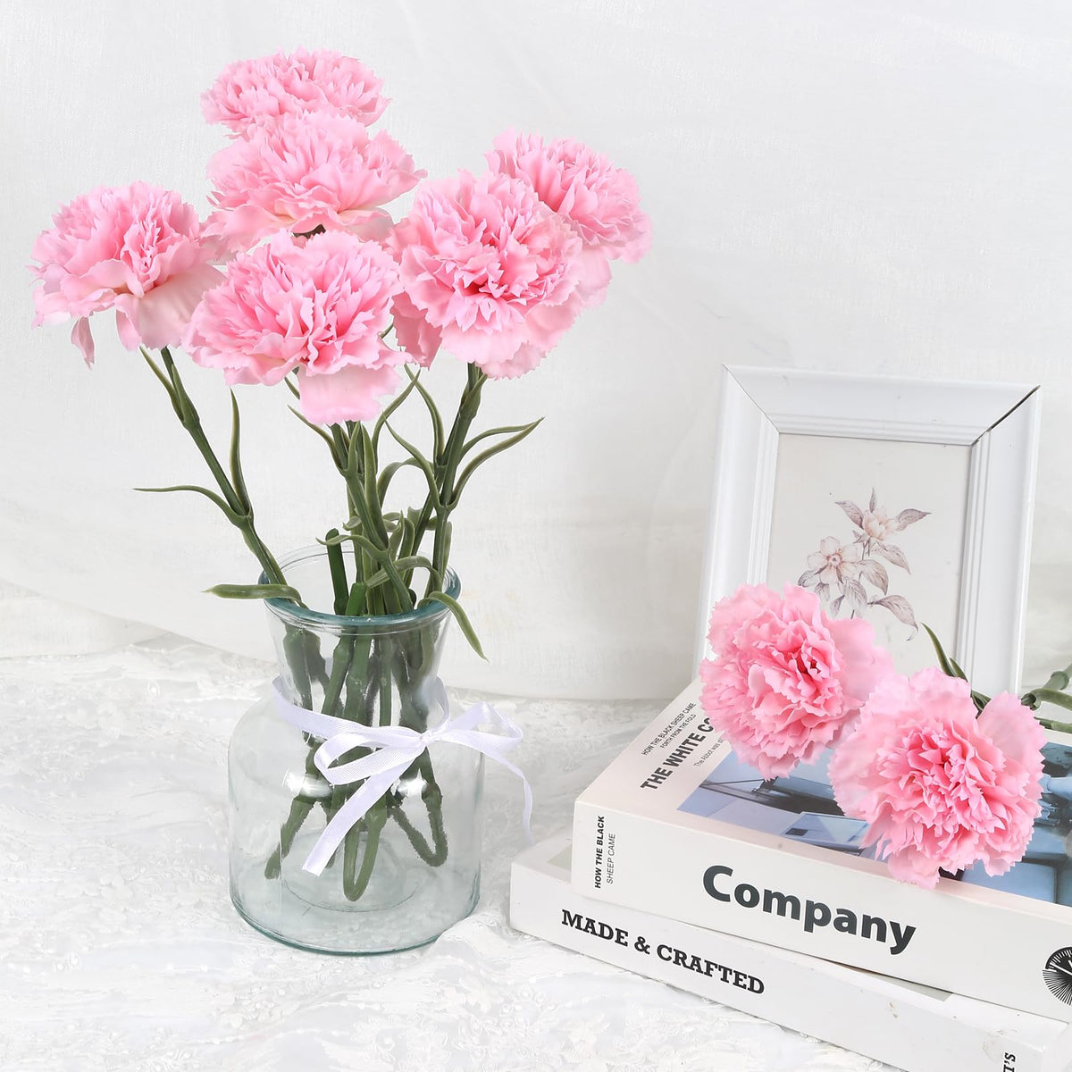 Pink Carnations Artificial 8pcs Real Touch Carnation Silk with Stems for Wedding Bouquets for Bridal Home Table