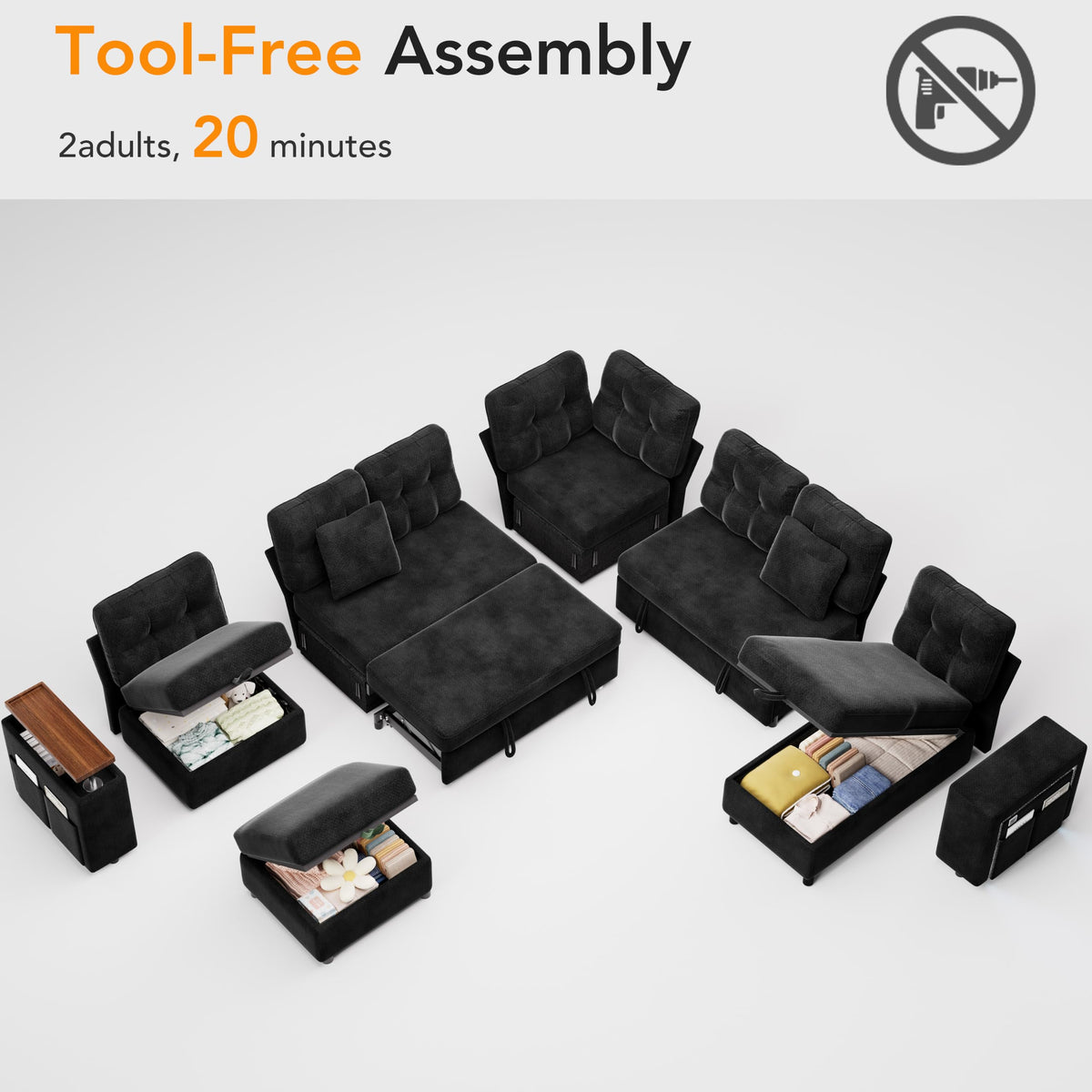 130" Modular Sectional Sleeper Sofa with Pull Out Bed, 9 Seat L Shaped Couch with Ottoman & Chaise/Reclining