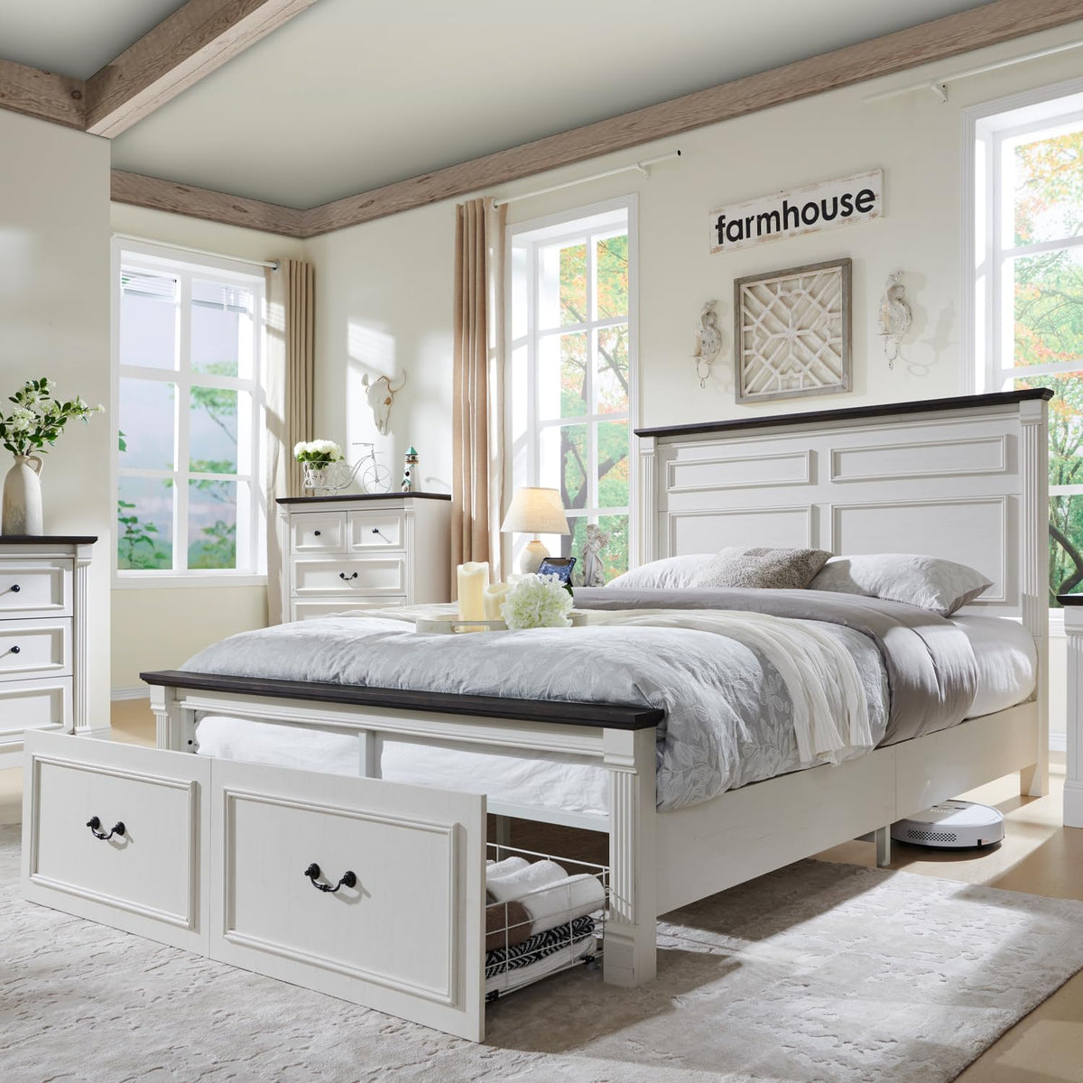 Farmhouse Bed Frame w/51 Tall Headboard, Antique White