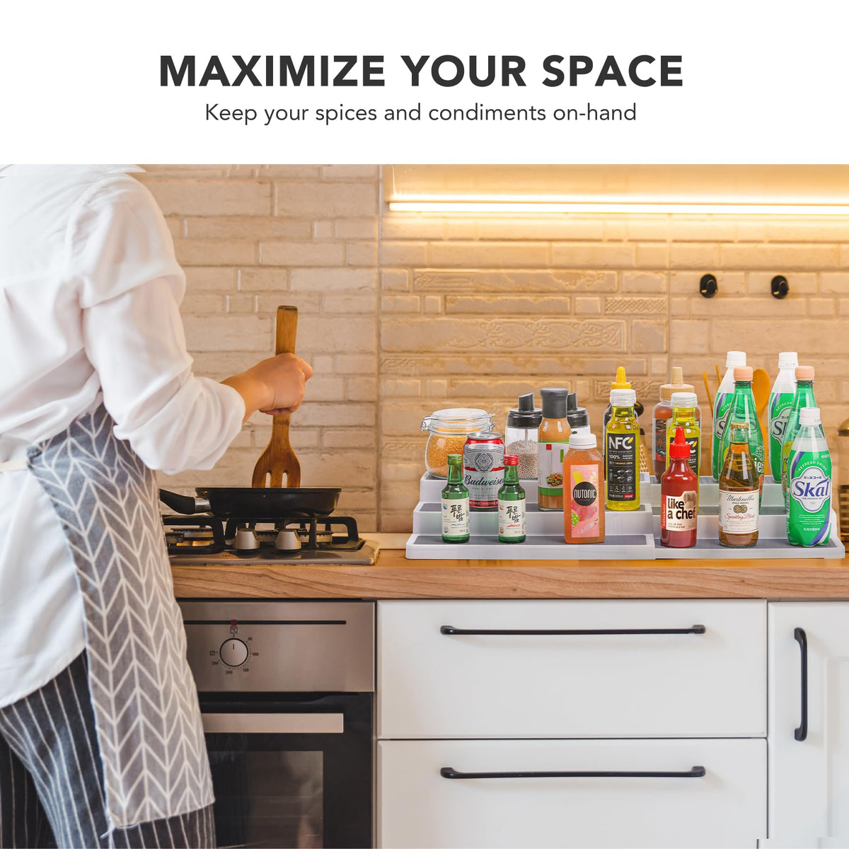 3 Tier Expandable Spice Rack Organizer, White/Grey Plastic Spice Rack, Adjustable Length 14.6In-25.8In, 2 Pack